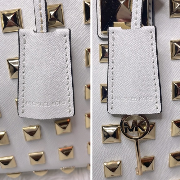 Michael Kors Hamilton Large Pyramid Studded Satchel Shoulder Bag Tote White - Picture 8 of 16